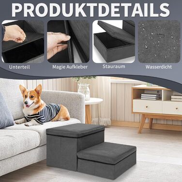 Сходинка для тварин OUUTMEE на 2 сходинки, складана, з місцем для зберігання, сірого кольору. Підходить для собак, котів, літніх тварин. Максимальне навантаження: 30 кг.