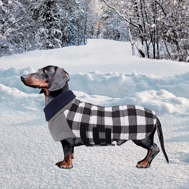 Теплий водонепроникний зимовий одяг для собак Dachshund (Такса), чорний, розмір S, в клітинку