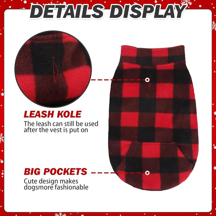 Тепла флісова жилетка для собак Plaid Hundeweste - червона, з кишенею, для зимових днів