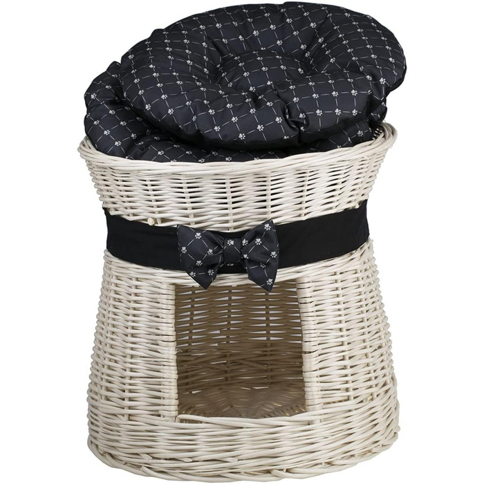 Кругла котяча хатинка e-wicker24 з плетеної лози, двоярусна, з подушкою та стрічкою, котячий оазис (кремовий/чорний)