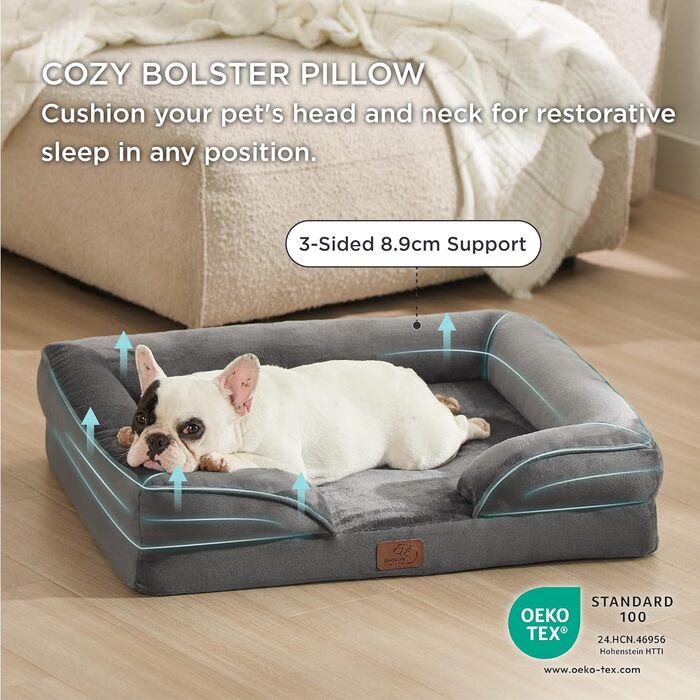 Ортопедичне ліжко для собак BEDSURE - 71x58 см, сірого кольору. Зручне ліжко-софа для маленьких собак з ефектом пам'яті, антиковзаюче, миється. Розміри: 71x58x17 см.