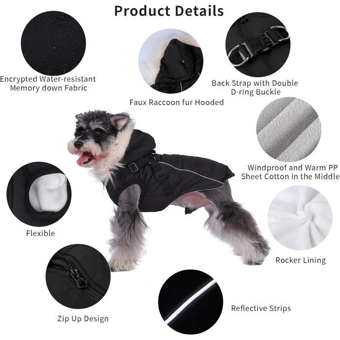 Теплий зимовий одяг для собак: курка з начосом, світловідбиваючими смугами та двома D-кільцями. Розмір M, чорний колір.