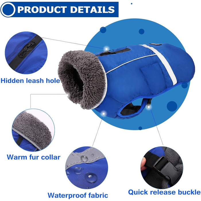 Зимовий одяг для собак QBLEEV: теплий, водонепроникний, з флісовою підкладкою, для холодної погоди, розмір XL, блакитний