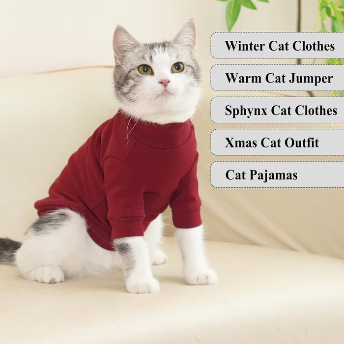 Пуловер для безшерстних котів Sphynx, теплий, червоний, XL. Костюм для кота, теплий пуловер, костюм на Новий Рік.
