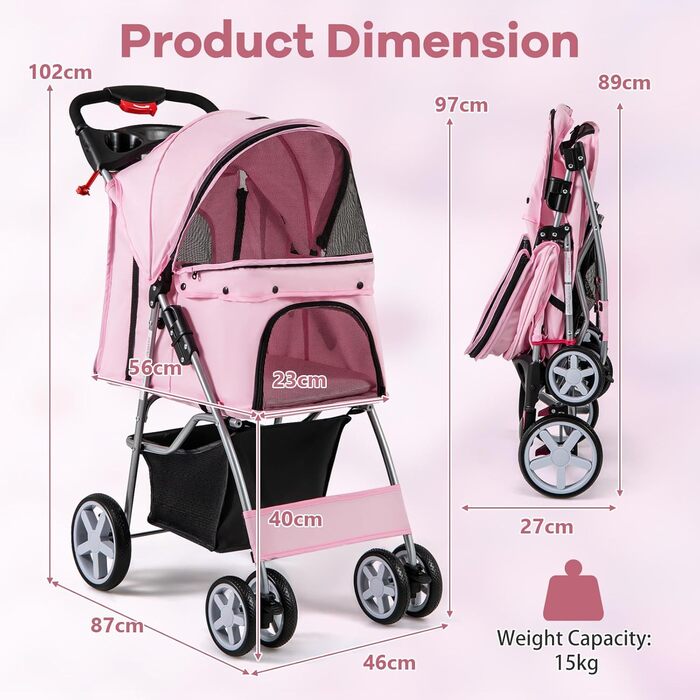Собачий візок SOARS для собак до 15 кг, розкладний, з сітчастими віконцями, тримачем для напоїв та кошиком для зберігання, для маленьких тварин (Рожевий)