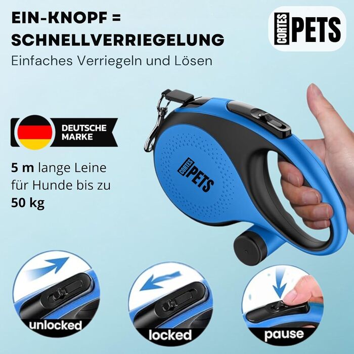 Висувна поводок для собак CORTESPETS® 5м, до 50 кг, блакитний | Високоякісний рулонний поводок