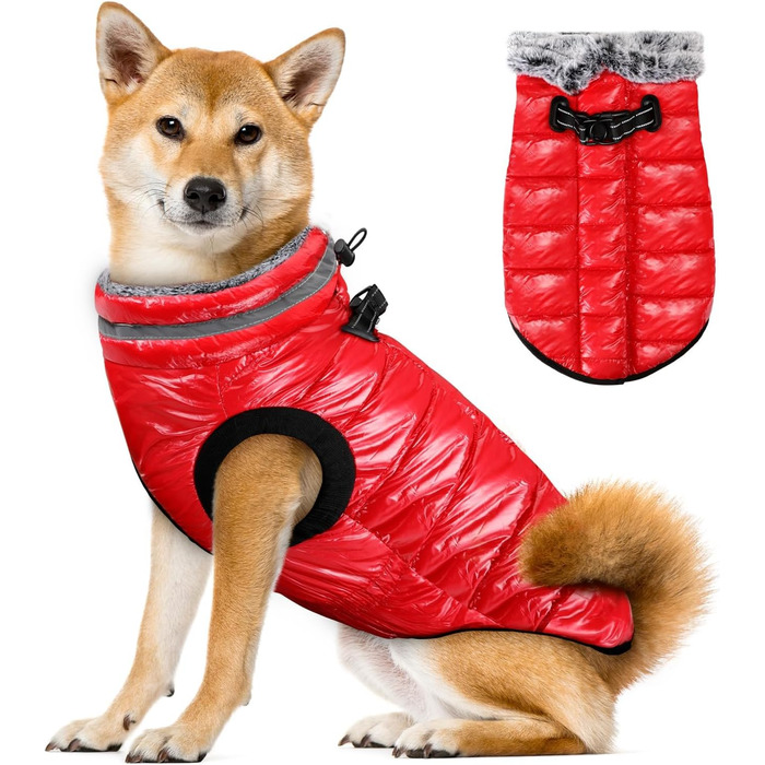 Звуковий теплий зимовий одяг для собак: тепла куртка з флісовим коміром та двома блискавками, для малих, середніх та великих собак (Червоний, L)