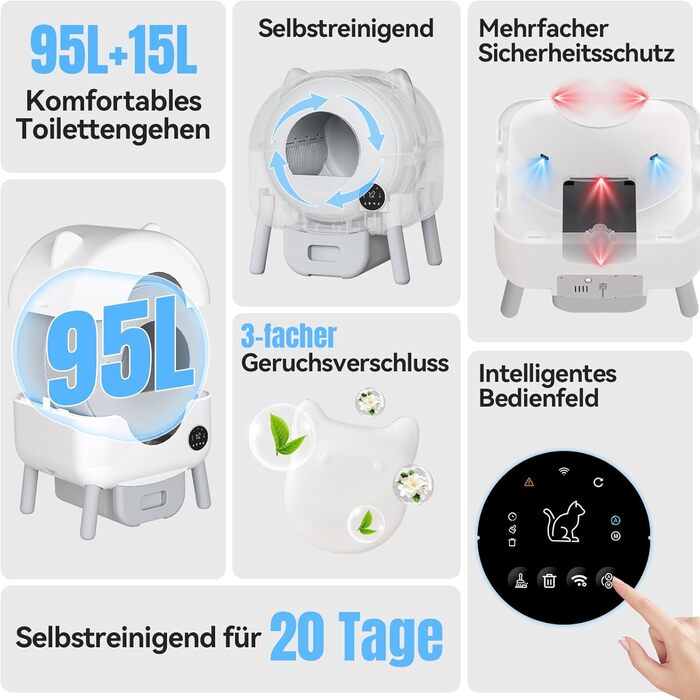 Автоматичний лоток для котів Devoko з самоочищенням, великий об'єм, керування через додаток, LED-підсвічування, для котів до 12 кг, килимок в комплекті