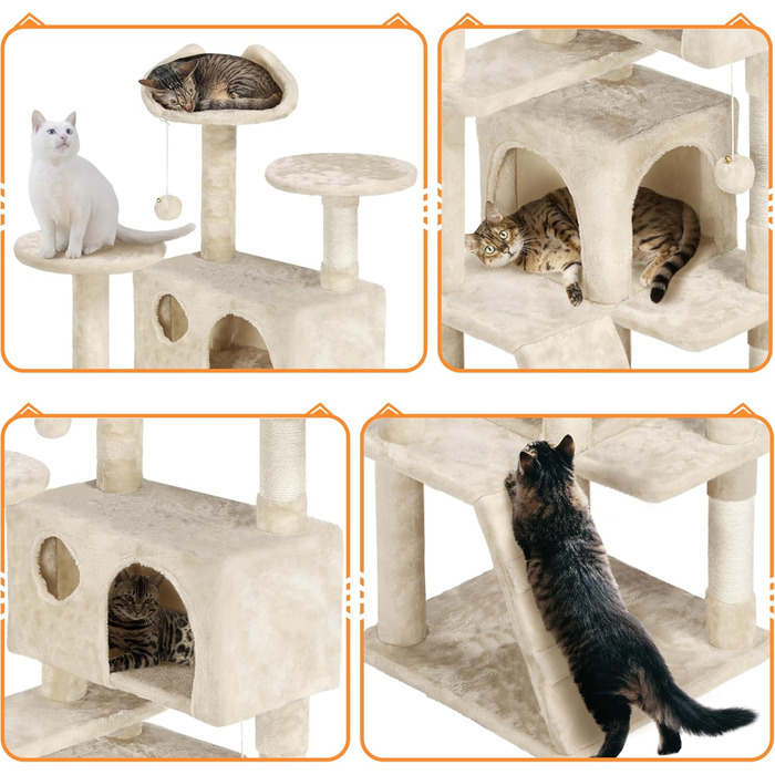 Кігтеточка велика Yaheetech 158 см, Кліматичний комплекс для котів з 3 платформами, 3 стовпчиками для шліфування, 2 будиночками, іграшками, бежевий, 49 x 49 x 158 см