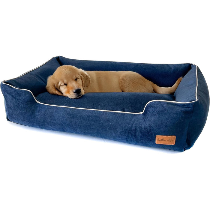 Собаче ліжко з велюру, миюче диван з високими бортиками – для маленьких та великих собак (M (80x50x18 см), Marine)