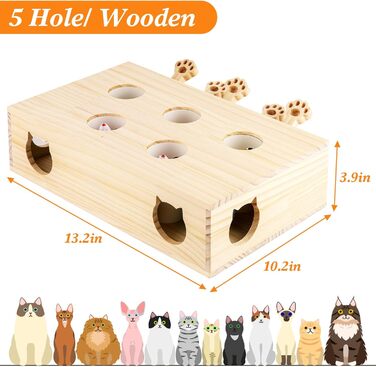 Інтерактивна іграшка для котів BOHJPIS з дерева: мишка-молот, пазл-коробка з іграшками, 5 отворів для тренування та розваг