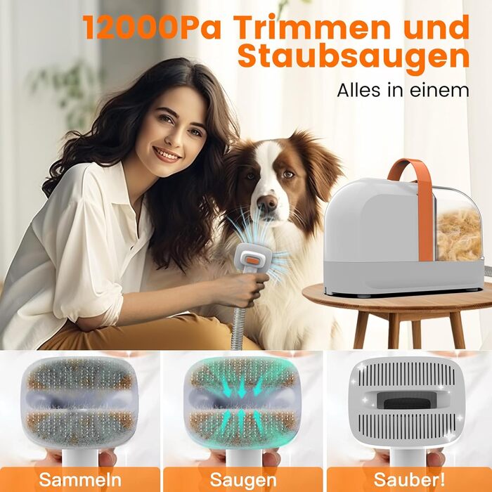 Машина для стрижки собак AIRROBO з пилососом 12000 Pa, щітка для видалення шерсті для собак і котів, тиха машинка для стрижки собак з інструментами для догляду, контейнер для пилу 1.4L, PG10 Білий