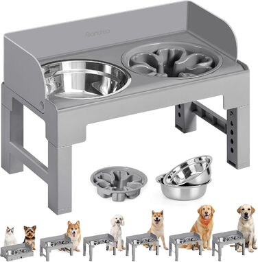 Підвищена годівниця для собак Feandrea з регульованою висотою та нахилом, 2 миски з нержавіючої сталі 304, миска для повільного годування, сірий колір, PRB103GD01