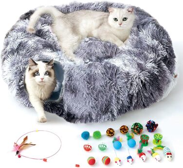 Туннель для котів FURRYPAWS XXL 3-в-1 – 160 см, ліжко, регульований, дихаючий, металевий каркас, складаний, для великих котів та дрібних тварин (темно-сірий з іграшкою)