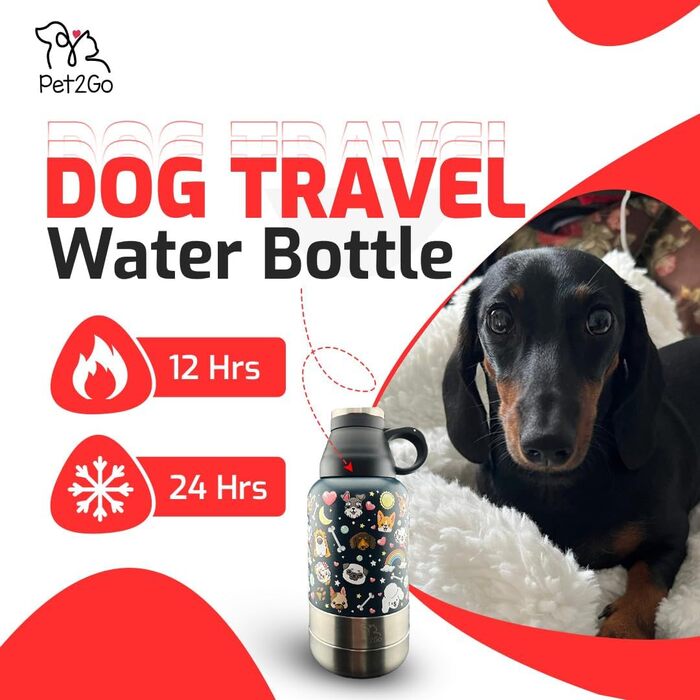 Пляшка для води PET2GO для собак 900 мл з контейнером для ласощів і знімними мисками, ізольований портативний нержавіючий поїльник для домашніх тварин, аксесуари для собак, для прогулянок і подорожей, сірий