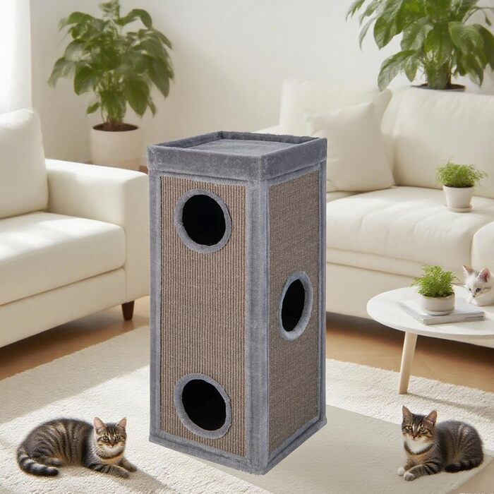 Кігтеточка GYMAX 40x40x99 см, 4-ярусна кігтеточка-будиночок з 3 печерами, знімні плюшеві подушки та 2 когтеточки, стійка кігтеточка для котів, сіра