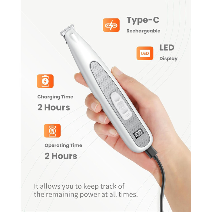 PAPMINI Безшумна машинка для стрижки котів з LED-дисплеєм, Type-C, акумулятор, стригучий інструмент для котів, бездротова машинка для стрижки кігтів, професійна машинка для стрижки лап, вух, обличчя, спини (білий)