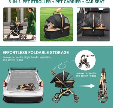 Візок для собак YITAHOME 3 в 1: візок, переноска, прогулянковий візок. До 22 кг, складний, для маленьких собак та котів (чорний)