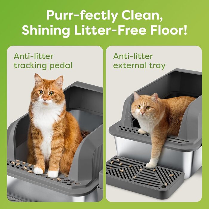 OHM Pets XL Лоток для котів з нержавіючої сталі 20 л – антипригарний, велика котяча туалетна коробка, металевий лоток із високими бортами, лопатка та піддон у комплекті, не іржавіє, не протікає