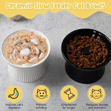 Підвищена годівниця для котів Tioncy, кераміка, 2 шт., без розливання, високий борт для сухого та вологого корму, легко мити, для котів