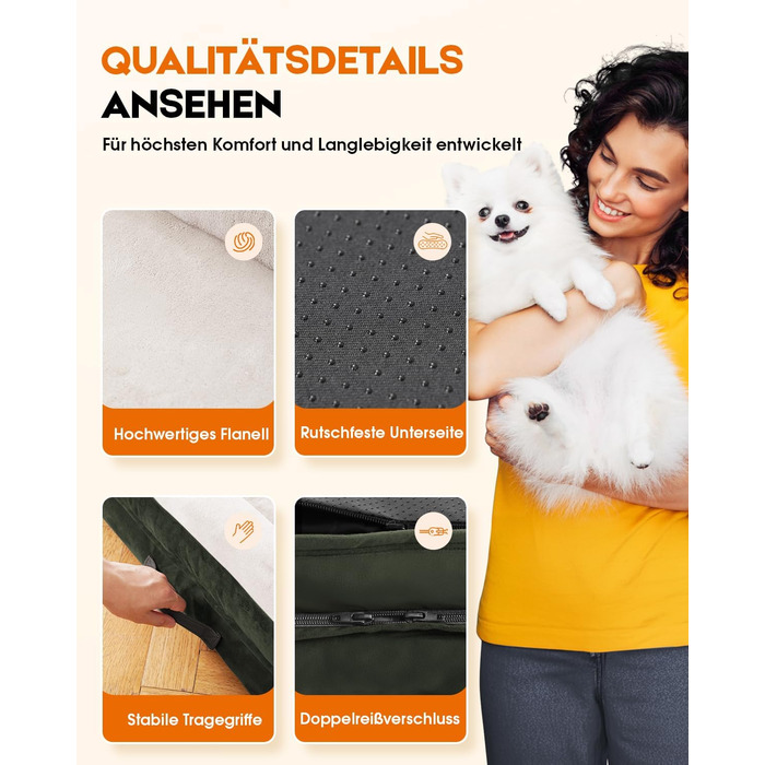 Ортопедичне ліжко для собак XL, корзина для собак, що стирається, з яєцевидною піною, вологостійкий диван для собак з неслизьким дном та чотиристоронньою подушкою (91x61x18 см, оливковий)