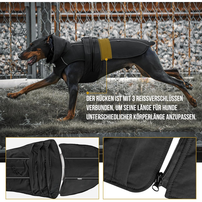 Водонепроникний собачий одяг OneTigris STORMWALL для великих собак, чорний, з флісовою підкладкою та регульованою довжиною, з відбиваючими елементами та коміром з хутра, для прогулянок на природі, розмір L (27-41 кг)