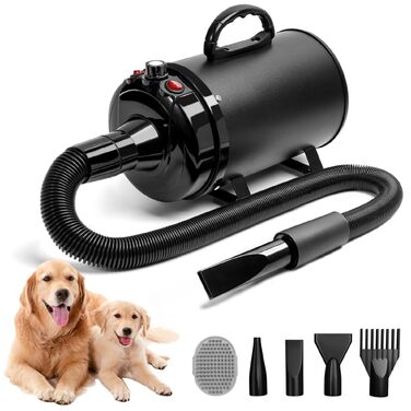 Потужний фен-blower для собак та котів 3800W 5.2 к.с., професійний сушар для шерсті з регулюванням швидкості та 4-ма насадками, чорний