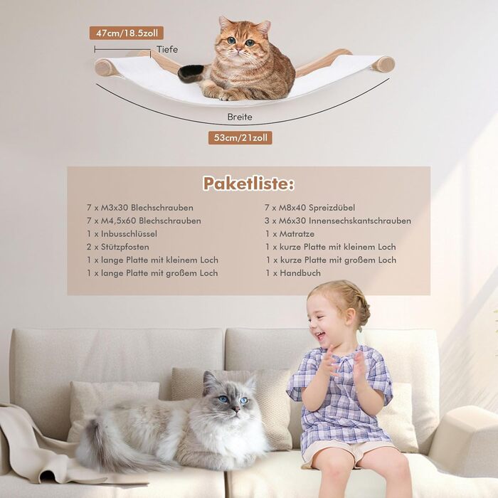 Підвісна лежанка для котів на стіну, набір для лазіння з масиву дерева з котячою сходинкою - стійке котяче ліжко, економне котяче меблеве рішення для сну, лазіння та відпочинку (підвісна лежанка + 2 сходинки)