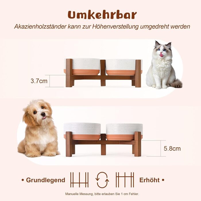 Миска для собак SpunkyJunky з кераміки, подвійна, піднята на підставці з акації, для великих собак (400 мл, білий та червоно-коричневий)