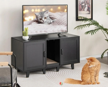 COSTWAY Багатофункціональна комода 3-в-1 для котів: з лотком та дряпалкою, чорна