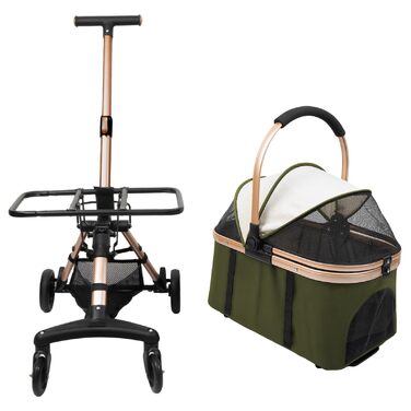 Візок для собак 3 в 1, складний, для маленьких собак та котів, знімний кошик, візок-кіндервоген, сітка, оксфордська тканина, до 20 кг (темно-зелений)