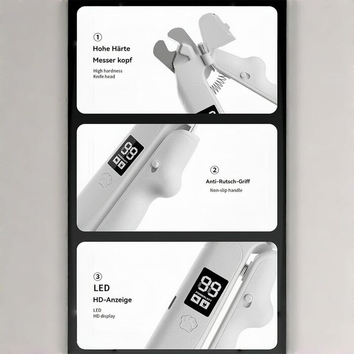 Триммер для когтів домашніх тварин 2-в-1 з LED-підсвічуванням Krallenschneider, з контейнером для збору, тихий мотор