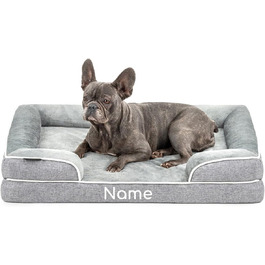 Ортопедичне ліжко для собак Lionto з піднятим бортиком, 89x63x17 см, міцне собаче ліжко з м'яким фланелевим наповнювачем, знімний та пральний чохол, неслизьке, для маленьких та великих собак та котів, сіре (з іменним нанесенням)