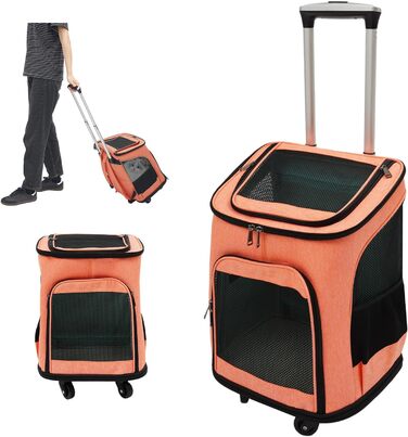 Транспортна переноска для собак та котів з колесами, складана, рюкзак для тварин з телескопічною ручкою, переноска для великих котів та маленьких собак з дихаючою сіткою, рюкзак для домашніх тварин до 9 кг (Помаранчевий)