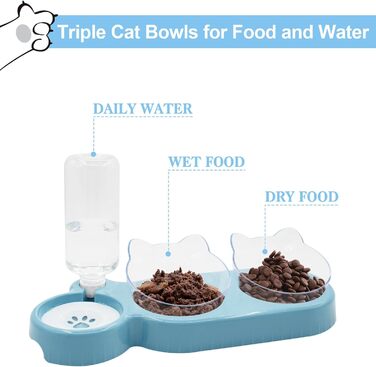 Набір мисок для котів та собак 2-в-1 з диспенсером води, антиковзаючою підкладкою та лопаткою (блакитний)