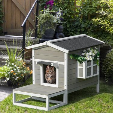 PawHut Cat House Будиночок для кішок з терасою та балконом для котів та собак, ялина Сірий та Білий, 115 x 66.5 x 74.7 см
