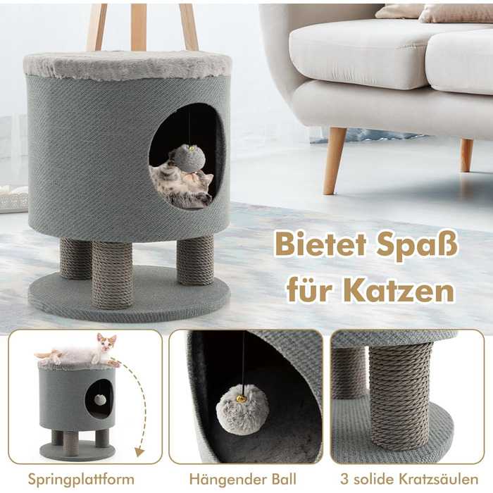 Драбина-кіготник для котів COSTWAY з будиночком та м'яким сидінням, сірий, 40x40x47 см