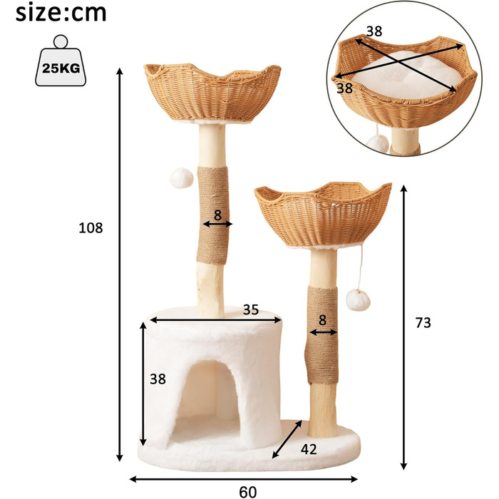 Кігтеточка для котів CareCooo 135 см з 12 стержнів, стабільна, з будиночком, сизаль, захист від перекидання, водонепроникна, для великих котів, коричнева/біла (Natural+White, XL)