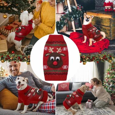 Пуловер для собак SlowTon на Різдво з оленем - теплий зимовий костюм для маленьких та середніх собак, червоно-білий (M)