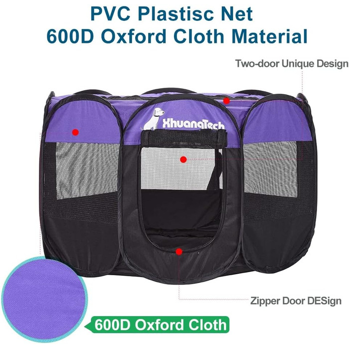Клітка-манеж для тварин XhuangTech: собаки, коти, цуценята, 80x80x58,4 см, м'який матеріал, портативна, складана, для дому та вулиці, фіолетовий/чорний