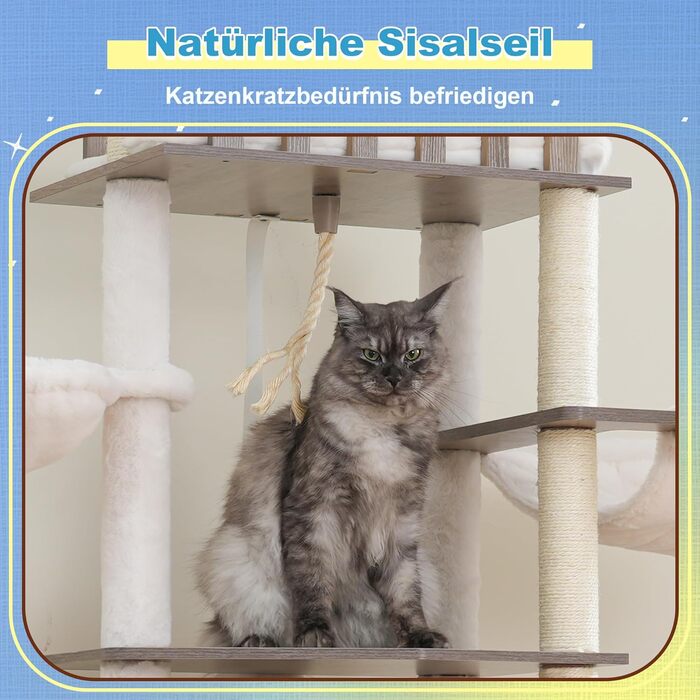 Дерев'яний кігтетопор Hey-brother Holz Kratzbaum 184см для великих котів, багатоярусний, зі стійкою платформою, кошиком, будиночком, щіткою та драбиною (Gris Vintage)