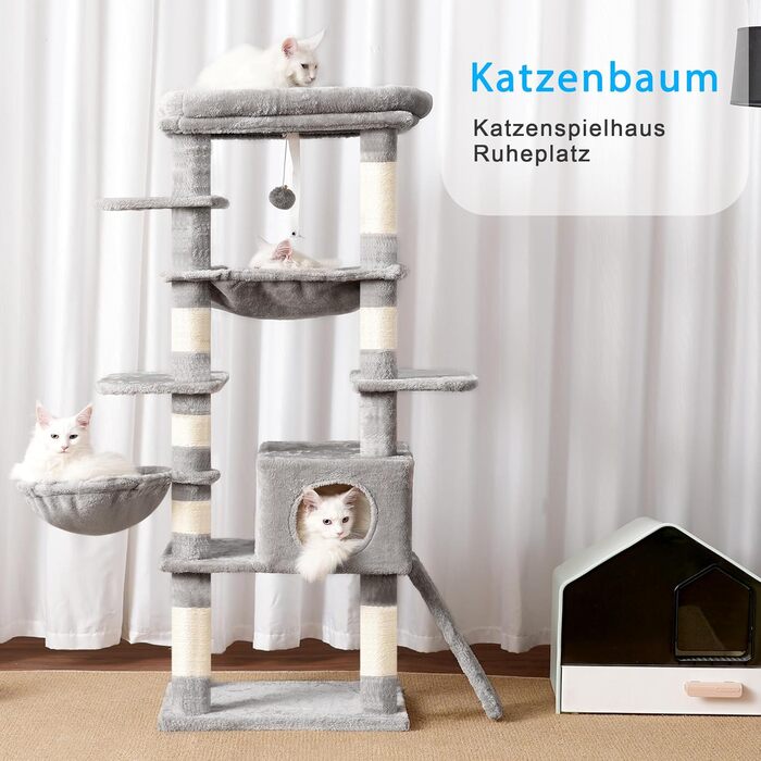 Багатоярусний котячий будиночок Hey-brother Kratzbaum з лежаком, гамаком та котячим будиночком, 145 см, сірий EMPJ057W