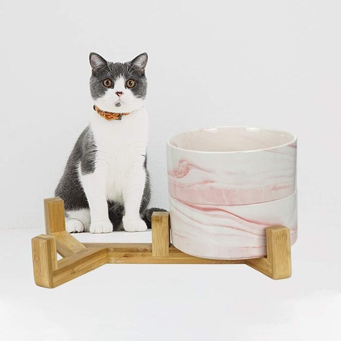 Миска для собак SP SEMPRE з кераміки з бамбуковим тримачем, піднята миска (подвійний розмір 13,5 см, рожевий мармур)