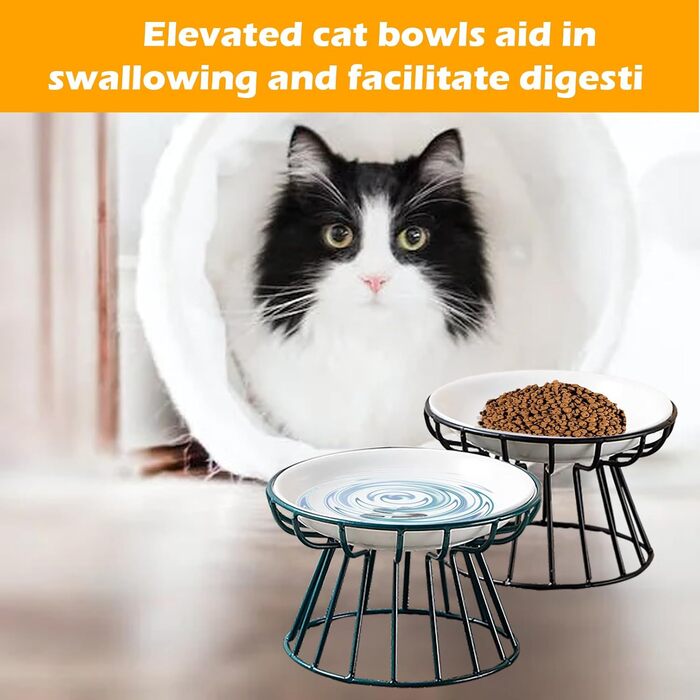 Керамічні годівниці для котів з металевим підставкою, підняті миски для кошенят та води, підняті миски для котів, плоскі миски для домашніх котів, цуценят, маленьких собак, 2 шт. 【2 шт. чорний + зелений】