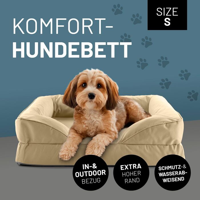 Ортопедичне собаче ліжко Lumaland Outdoor & Indoor | Зручне собаче ліжко-софа 70x60 см - ідеально для маленьких собак | Нековзне дно | Зручна, водонепроникна підстилка для собак Beige S - для дому та вулиці - 70x60 см