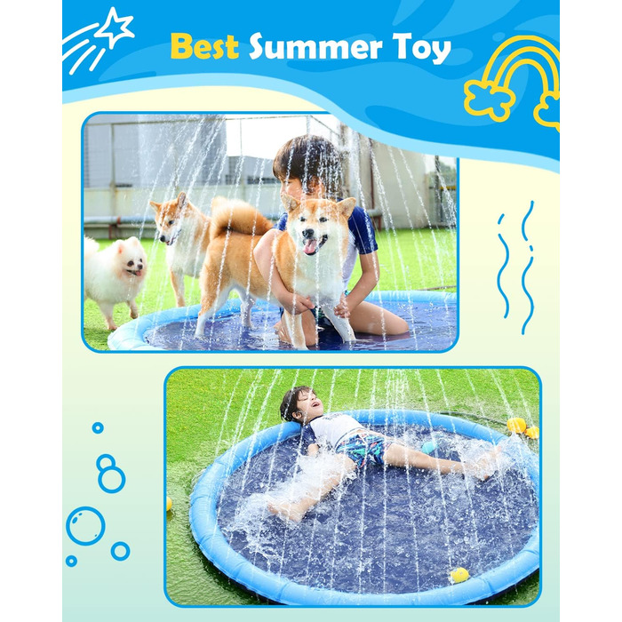 Басейн для собак Peteast великих і малих порід та дітей, 59 дюймів, розкладний, іграшка для водних забав, антиковзне покриття, екологічно чистий, 67 дюймів, блакитний