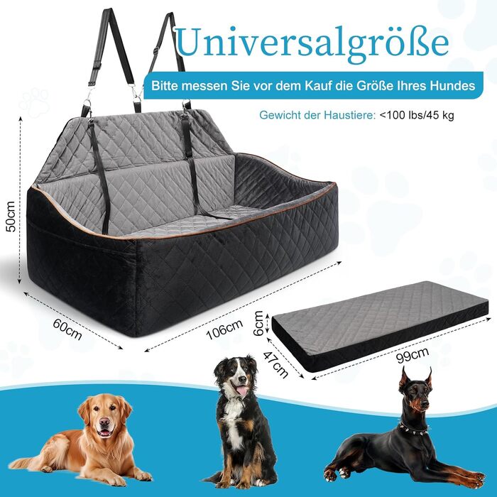 Автокрісло для собак великих та середніх порід до 45 кг, знімний, миючий, з безпечними ременями та неслизьким дном для заднього сидіння автомобіля