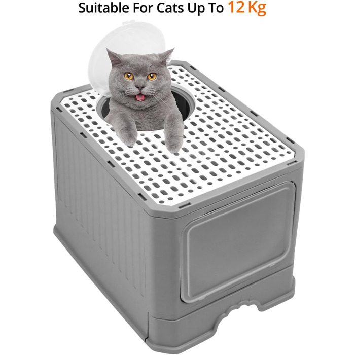 QWORK® Лоток для котів з кришкою, великий, сірий. Підходить для котів до 12 кг. У комплекті лопатка.