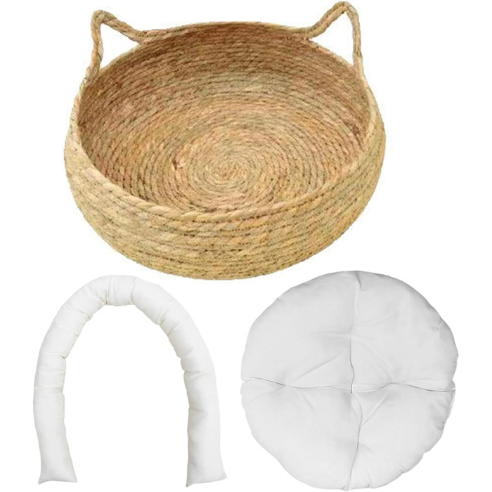 Кігтеточка-ліжко для котів з соломи та м'яким подушкою, 43 см, зручне ліжко для кошенят, ліжко для котів + біле подушко + об'ємні подушки