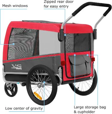 Візок для собак Tiggo VS Pets 2-в-1: візок та велопричіп, для собак до 35 кг, об'єм 270 л (червоний)
